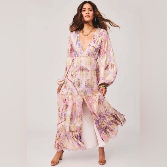 Hemant & Nandita Amal Long Dress • Lilac Gold Metallic Floral Maxi • Size Small - Picture 3 of 11